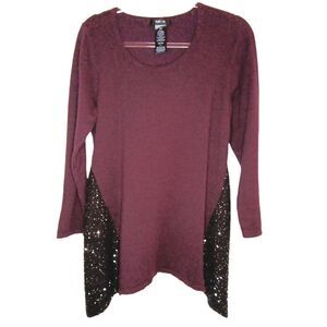 Style and Co Merlot and Black Sequined Panel Sweater Size M Hanky hem Glam
